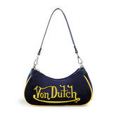 Von Dutch Blue & Yellow Rhinestone Velvet Shoulder Bag