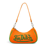 Von Dutch Orange & Green Rhinestone Velvet Shoulder Bag