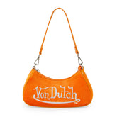 Von Dutch Orange & White Rhinestone Velvet Shoulder Bag