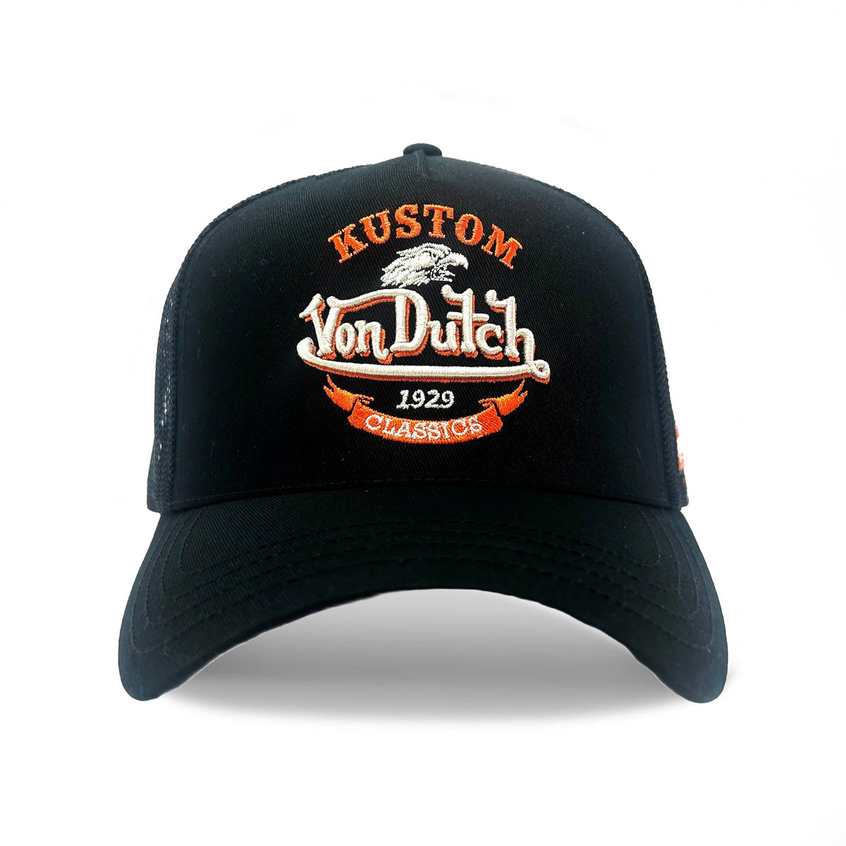 Von Dutch Black & Orange Kustom Classics Logo Trucker Hat