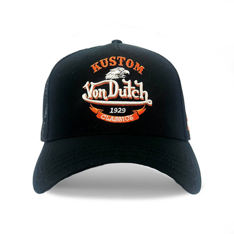 Von Dutch Black & Orange Kustom Classics Logo Trucker Hat