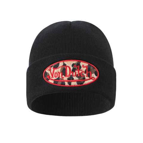 Von Dutch Red Leopard Patch Beanie