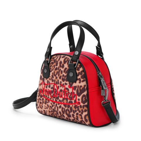 Von Dutch Red Leopard Vegan Pony Hair Bowling Bag