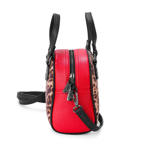 Von Dutch Red Leopard Vegan Pony Hair Bowling Bag