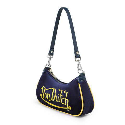 Von Dutch Blue & Yellow Rhinestone Velvet Shoulder Bag