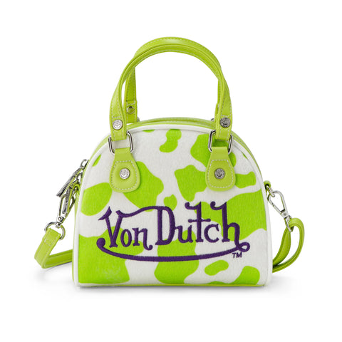 Von Dutch Lime Green Cow Print Vegan Pony Hair Bowling Bag