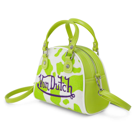 Von Dutch Lime Green Cow Print Vegan Pony Hair Bowling Bag