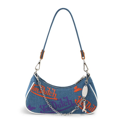 Von Dutch Orange & Purple Multi-Logo Denim Shoulder Bag