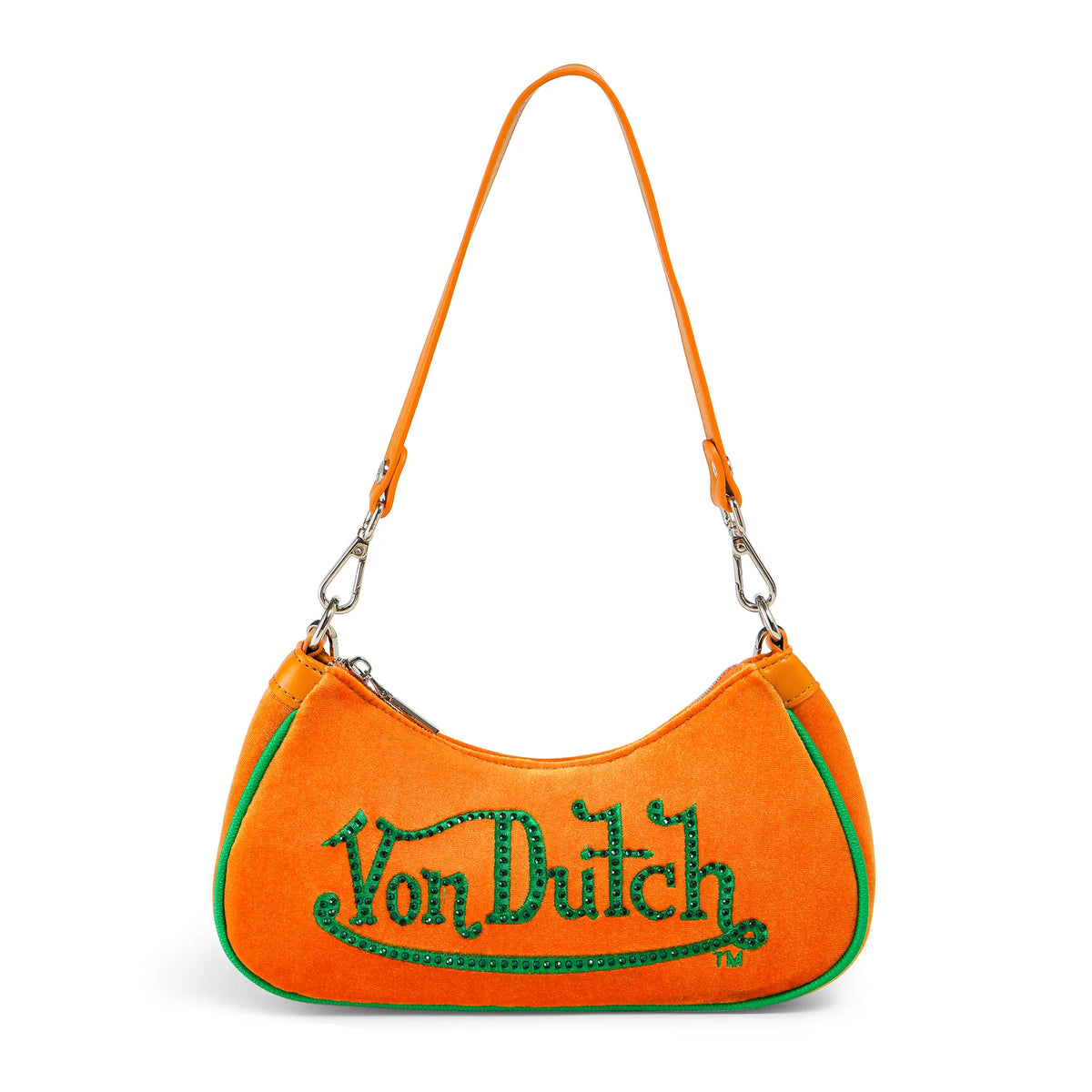 Von Dutch Orange & Green Rhinestone Velvet Shoulder Bag