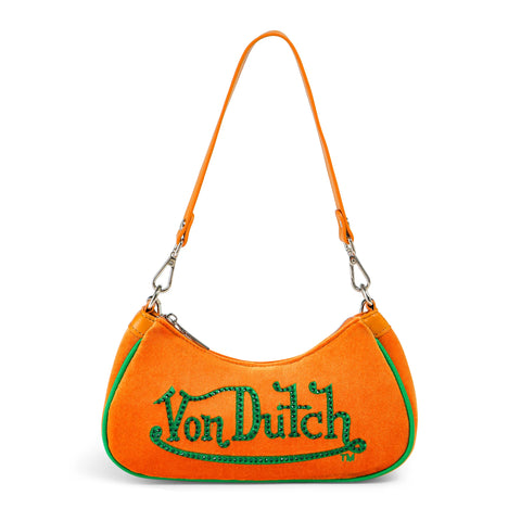 Von Dutch Orange & Green Rhinestone Velvet Shoulder Bag