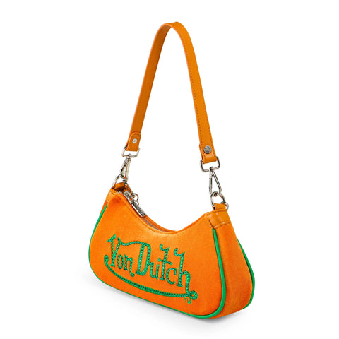 Von Dutch Orange & Green Rhinestone Velvet Shoulder Bag