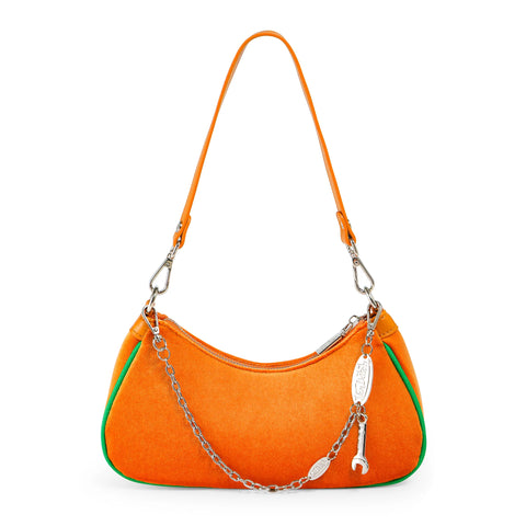Von Dutch Orange & Green Rhinestone Velvet Shoulder Bag