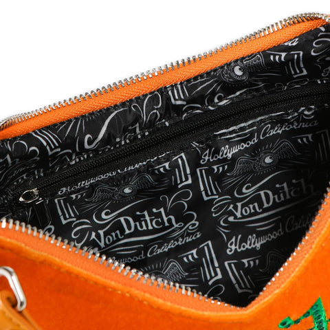 Von Dutch Orange & Green Rhinestone Velvet Shoulder Bag