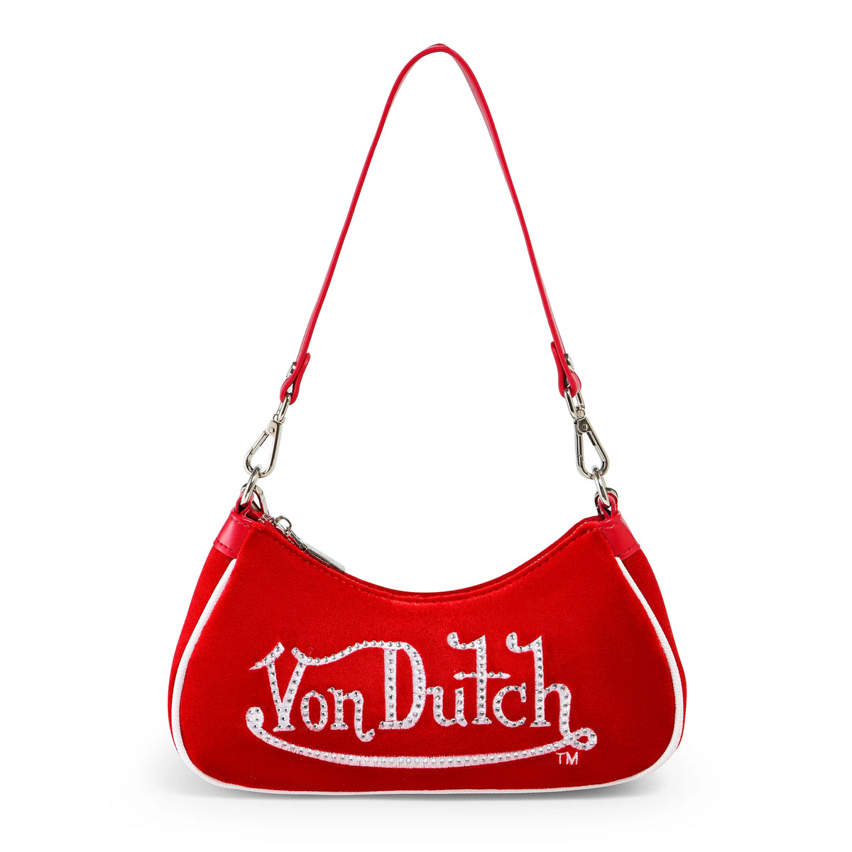 Von Dutch Red & White Rhinestone Velvet Shoulder Bag