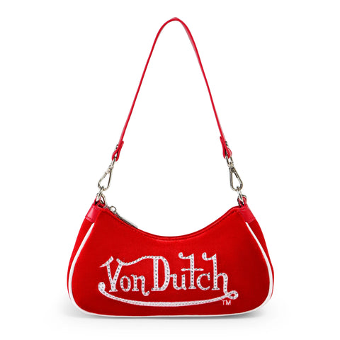 Von Dutch Red & White Rhinestone Velvet Shoulder Bag