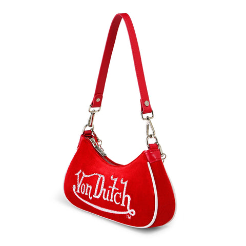 Von Dutch Red & White Rhinestone Velvet Shoulder Bag
