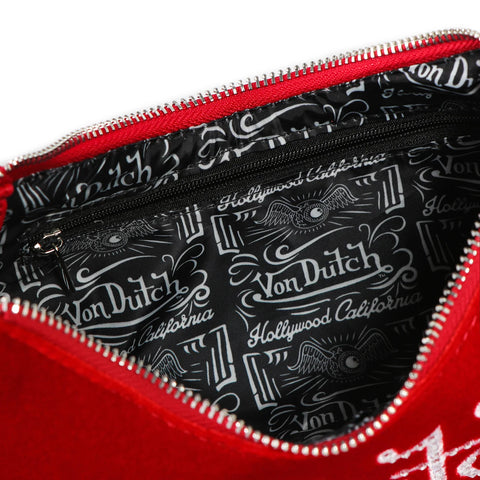 Von Dutch Red & White Rhinestone Velvet Shoulder Bag