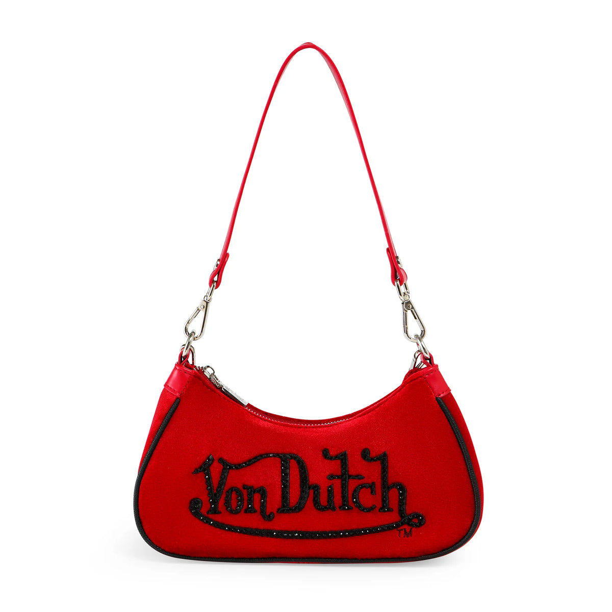 Von Dutch Red & Black Rhinestone Velvet Shoulder Bag