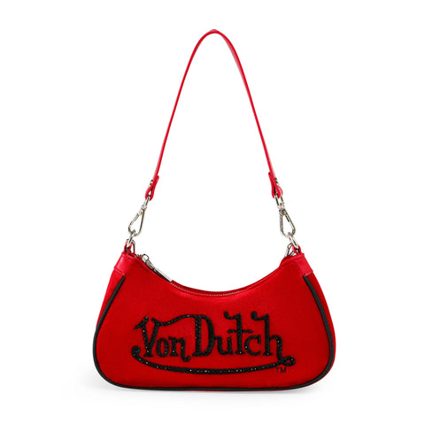 Von Dutch Red & Black Rhinestone Velvet Shoulder Bag