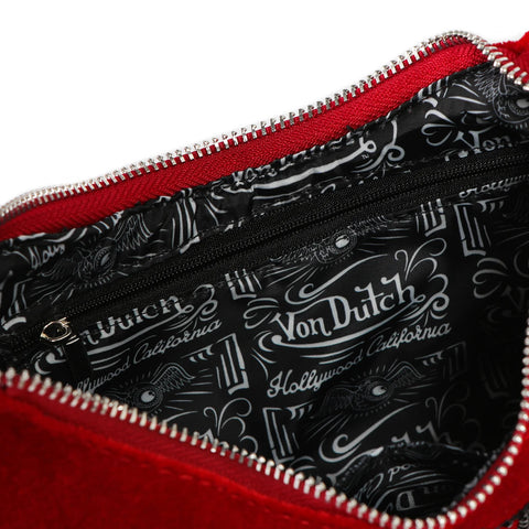 Von Dutch Red & Black Rhinestone Velvet Shoulder Bag