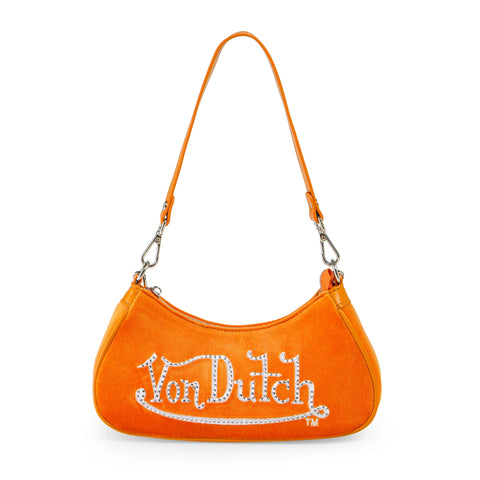 Von Dutch Orange & White Rhinestone Velvet Shoulder Bag