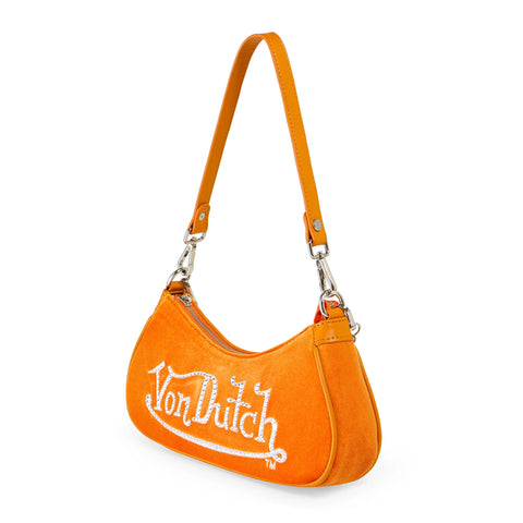 Von Dutch Orange & White Rhinestone Velvet Shoulder Bag