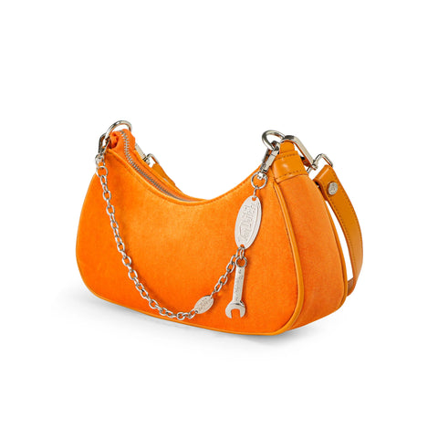 Von Dutch Orange & White Rhinestone Velvet Shoulder Bag
