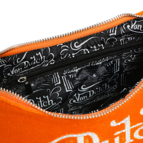 Von Dutch Orange & White Rhinestone Velvet Shoulder Bag