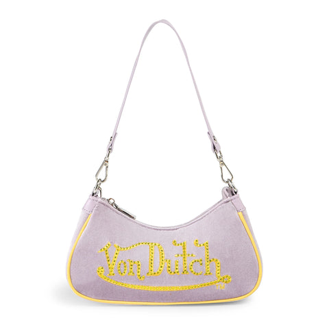 Von Dutch Purple & Gold Rhinestone Velvet Shoulder Bag