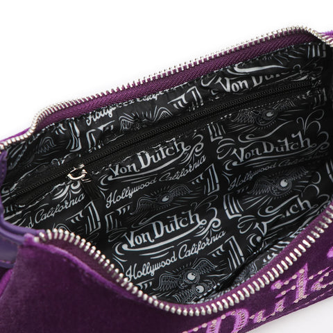 Von Dutch Purple Rhinestone Velvet Shoulder Bag
