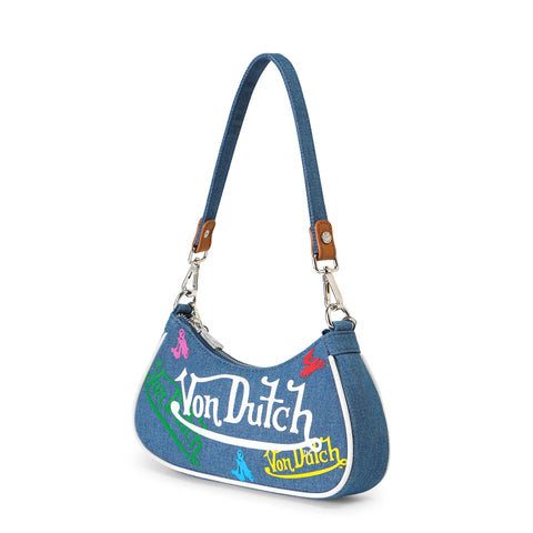 Von Dutch Green & Yellow Multi-Logo Denim Shoulder Bag