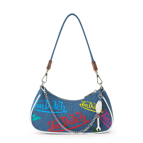 Von Dutch Green & Yellow Multi-Logo Denim Shoulder Bag