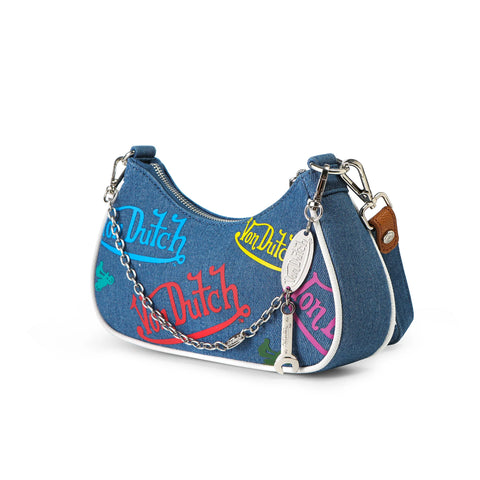 Von Dutch Green & Yellow Multi-Logo Denim Shoulder Bag