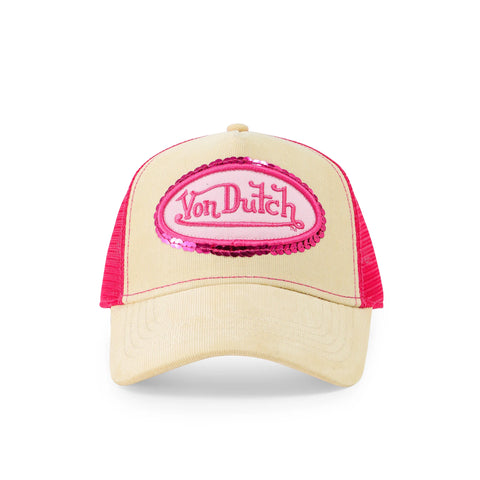 Von Dutch Pink Sequin on Beige Trucker Hat