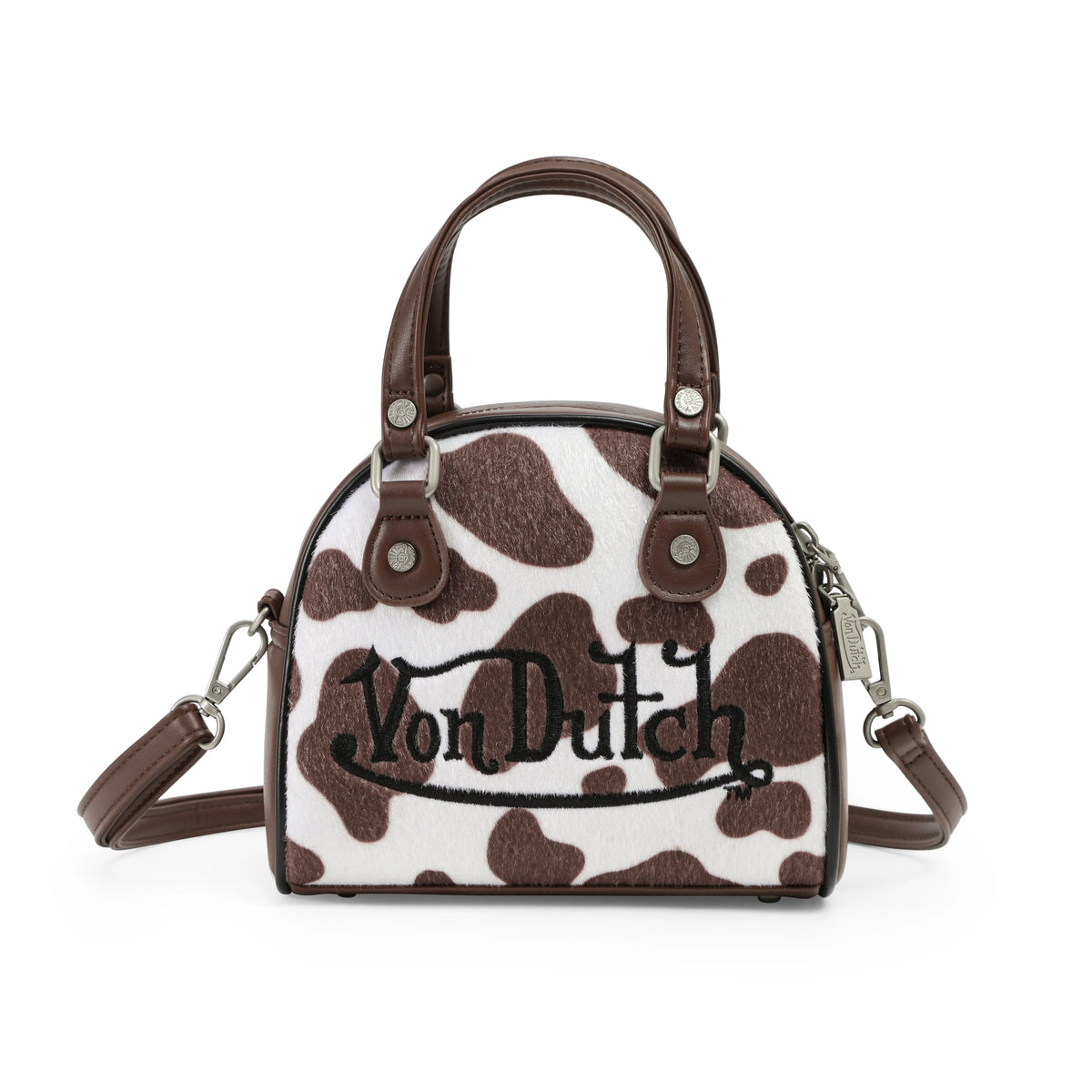 Von Dutch Brown & White Cow Print Vegan Pony Hair Bowling Bag