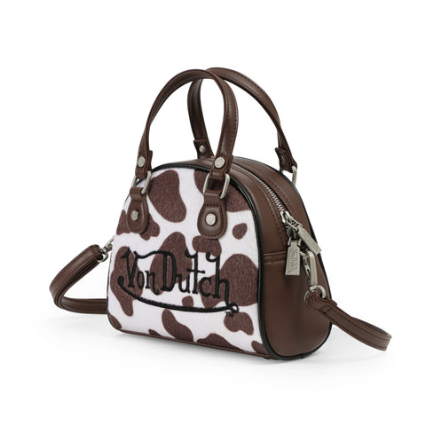 Von Dutch Brown & White Cow Print Vegan Pony Hair Bowling Bag