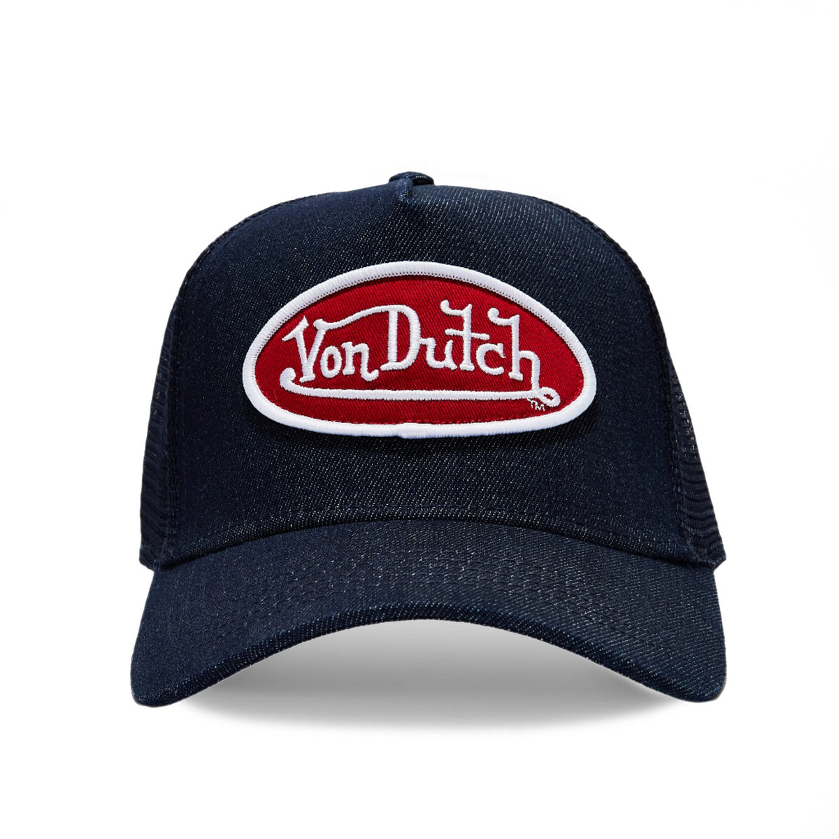 Von Dutch Dark Denim with Red & White Logo Trucker Hat