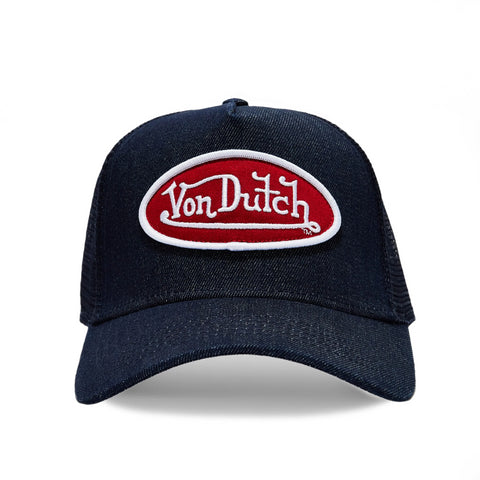 Von Dutch Dark Denim with Red & White Logo Trucker Hat