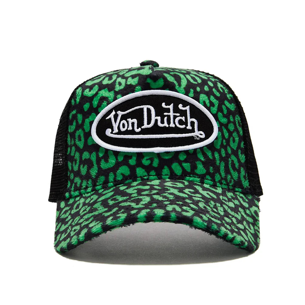 Von Dutch Lime Cheetah Velvet Trucker Hat