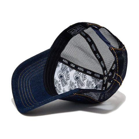 Von Dutch Navy Rhinestone Logo Denim Trucker Hat