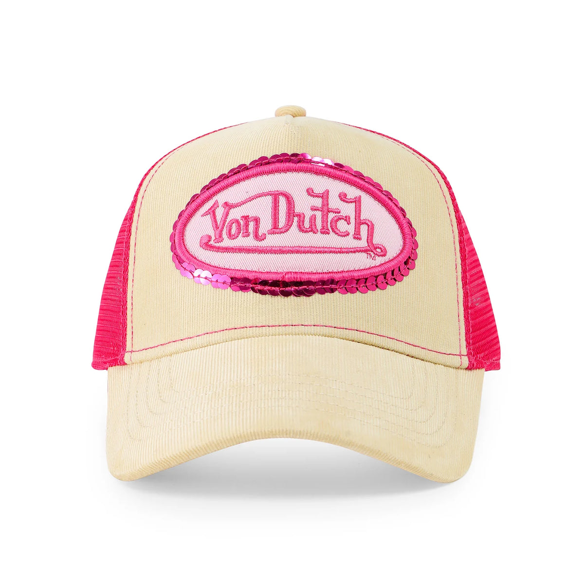 Von Dutch Pink Sequin on Beige Trucker Hat