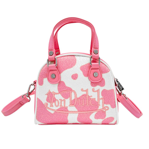 Von Dutch Pink & White Cow Print Vegan Pony Hair Bowling Bag
