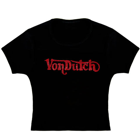 Von Dutch Black & Red Ranch Logo Rhinestone Baby Tee