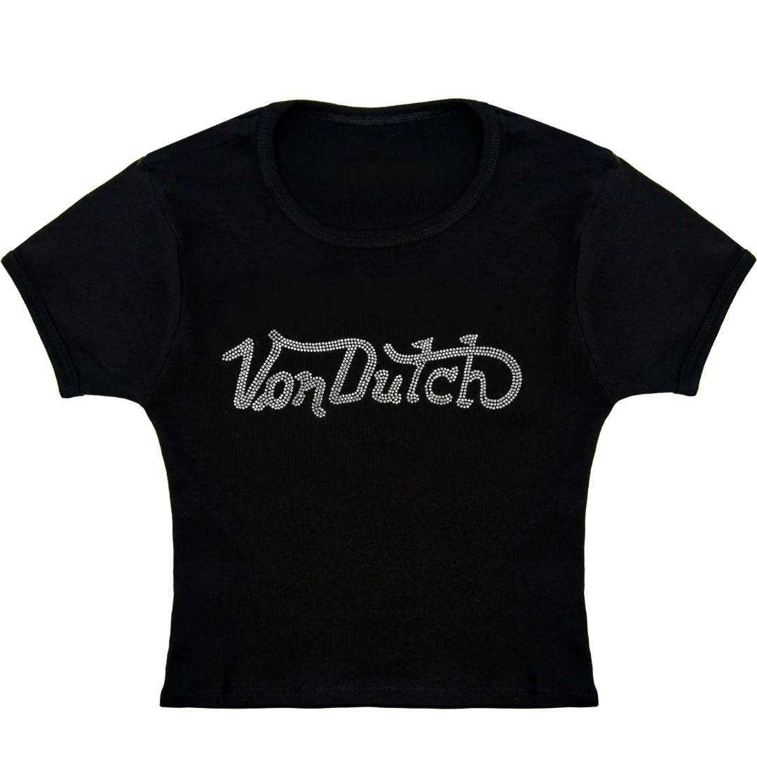 Von Dutch Black & Clear Retro Rhinestone Baby Tee