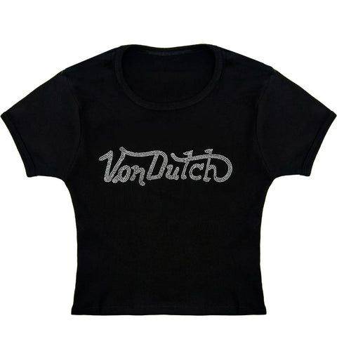 Von Dutch Black & Clear Retro Rhinestone Baby Tee