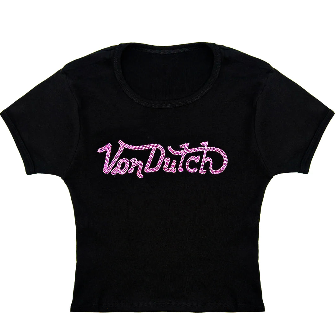 Von Dutch Black & Pink Retro Rhinestone Baby Tee