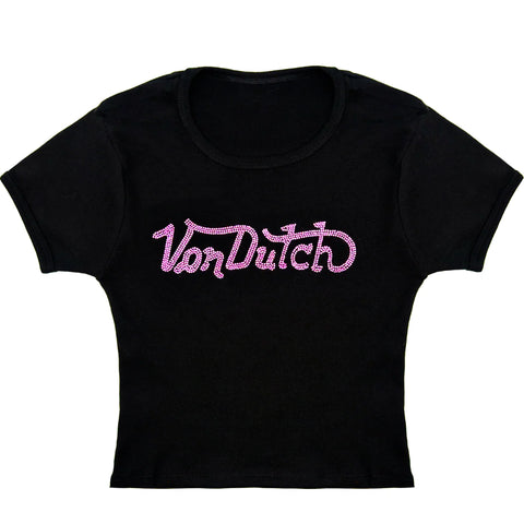 Von Dutch Black & Pink Retro Rhinestone Baby Tee