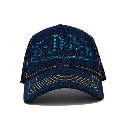 Von Dutch Navy Rhinestone Logo Denim Trucker Hat