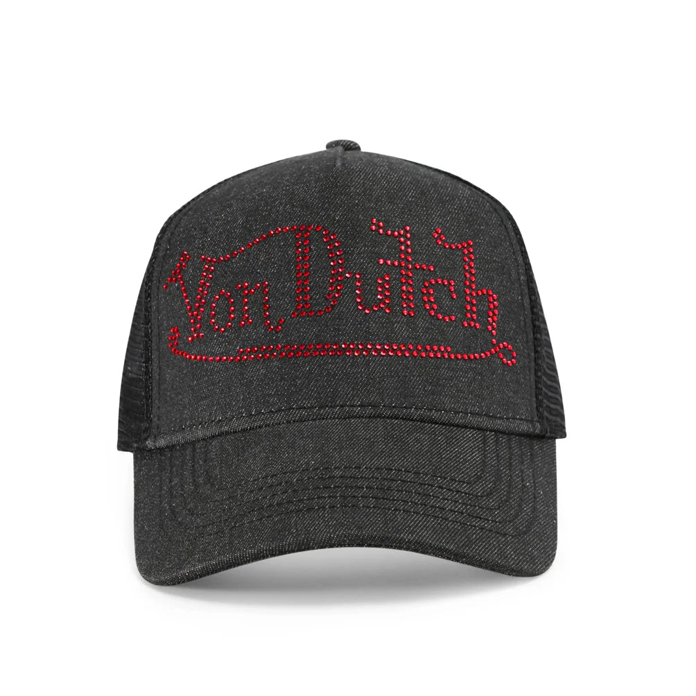 Von Dutch Rhinestone Trucker Hat - Black with Red Rhinestones