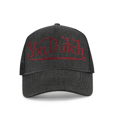 Von Dutch Rhinestone Trucker Hat - Black with Red Rhinestones